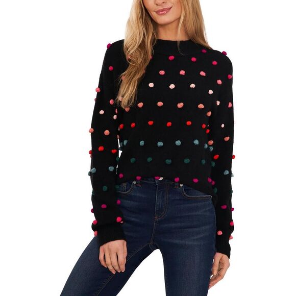 CeCe Womens Black Pom Pom Ribbed Trim Knit Mock Turtleneck Sweater Shirt NWT - Picture 1 of 6